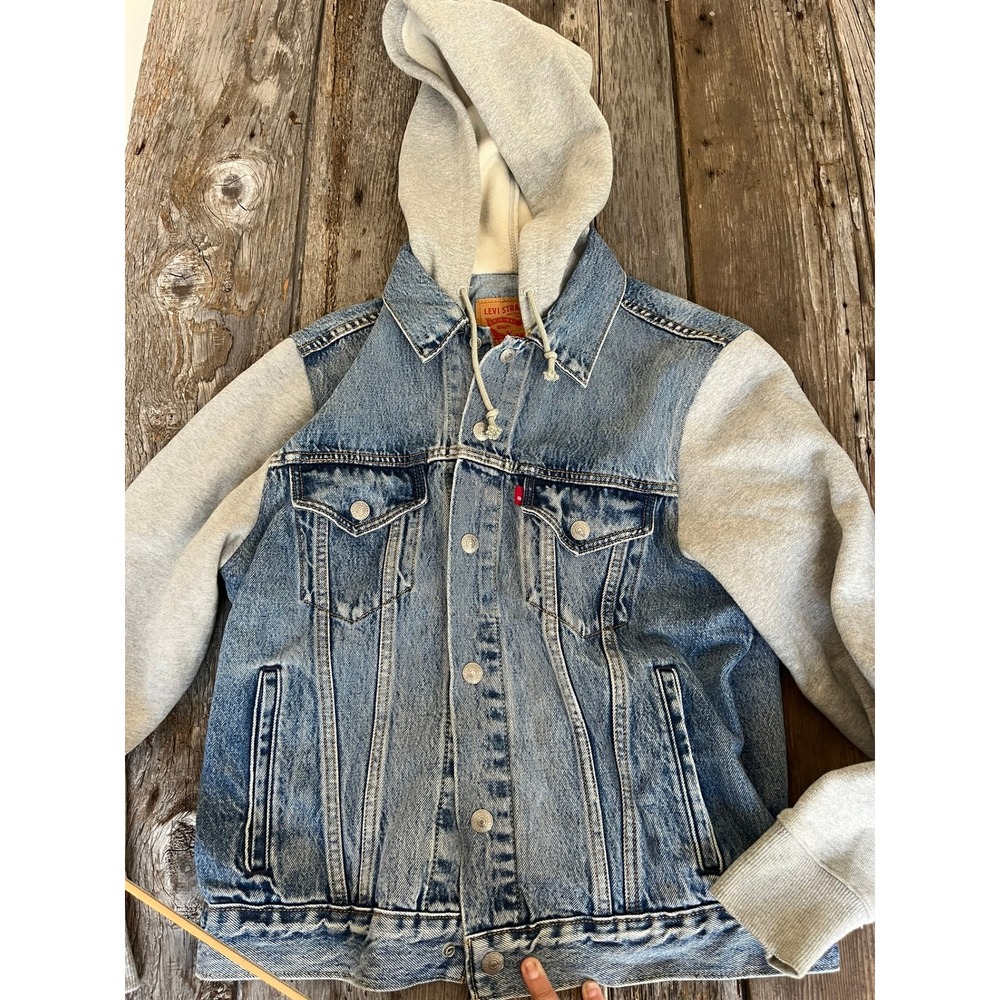 Levis Mens Hybrid Denim Trucker Jacket Hoodie Grey Sleeves Blue Light Wash S